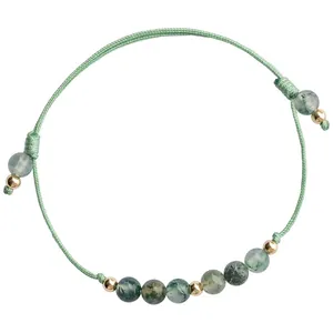 Pulsera de ágata musgo natural con cuentas de oro de 14k y cordón verde ajustable