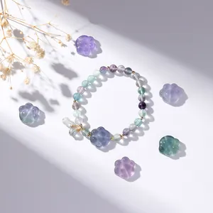 Macro-weergave van natuurlijke kristallen armband met kattenpoot hanger en gekleurde kralen