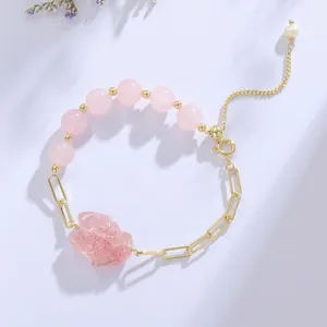 Natürlicher Rosenquarz Erdbeerquarz Fuchs Armband Damen Kleines Design Spliced Vergoldet Rosa Kristall Armband Mit Süßwasserperle Verstellbare Kette Modeschmuck Geschenk