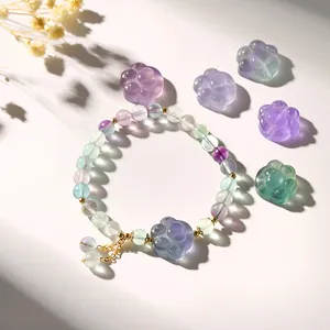 Gedetailleerd overzicht van een kleurrijke fluoriet armband met een schattige kattenpoot.