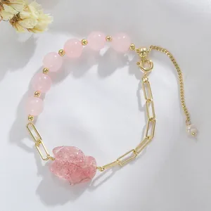 Natur-Rosa-Kristall-Armband mit Fuchshänger und goldener Kette für Damen Schmuck.