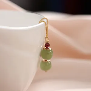 Natural Hetian Jade Drop Earrings For Women 14K Gold Plated Nephrite Jade Garnet Tassel Ear Wire Vintage Ethnic Style Jewelry