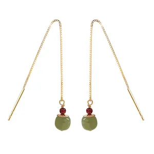 Elegant 14k gold plated ear thread earrings with natural green jade and red beads charm
