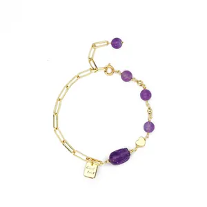 Elegant natuurlijk amethist armbandje met gouden paperclipketting en Pixiu
