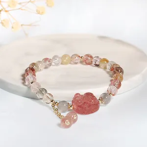 Natuurlijke Rutilkwarts Aardbeienkwarts Armband Voor Vrouwen Koreaanse Stijl Kattenpoot Hanger Kwastje Kristal Kralen Armband Sieraden Reiscadeau