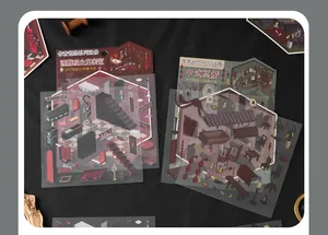 Detailed macro view of pixel art micro-horror themed PET stickers and DIY background cards