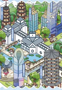 Detailed 3D cartoon illustration of Suzhou landmarks for children's city sticker book