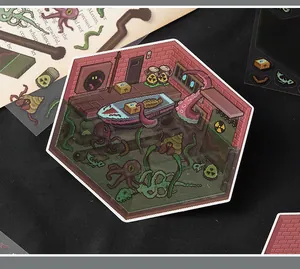 Close-up of a pixel art micro-horror sticker featuring a laboratory scene with tentacles