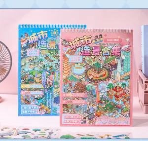 Detailed view of city landscape sticker book collection with colorful illustrations
