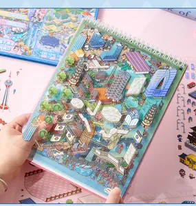 Close-up showing the 3D layered details of a vibrant city landscape sticker book.