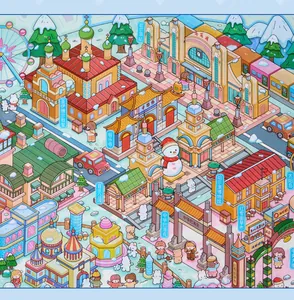 Close-up of colorful Harbin city landmarks in 3D miniature stacking sticker book