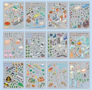 Collection of 12 miniature city landscape sticker sheets with 3D isometric designs