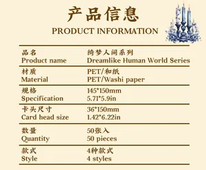 Detailed specification sheet for the Dreamlike Human World Series sticker book material and size.