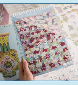 Close-up of vintage Chinese porcelain pattern sticker book for DIY scrapbooking craft