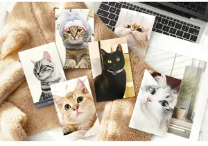 Detailed close-up view of various cat-themed postcards arranged in a cozy lifestyle setting