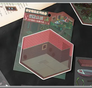 Detailed macro view of pixel art horror landscape sticker set with brick room design