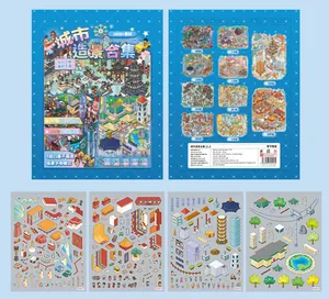 Close-up detail of city landscape sticker sheets and miniature book collection covers.