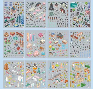 Set of 12 isometric city landscape stickers with global landmarks and urban elements.