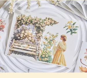 Close-up of vintage aesthetic sticker with a lady in a yellow dress and garden scenery