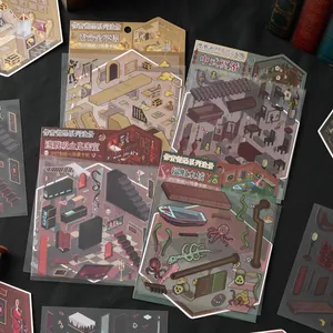Pixel art horror themed DIY miniature landscape sticker sets with 4 styles