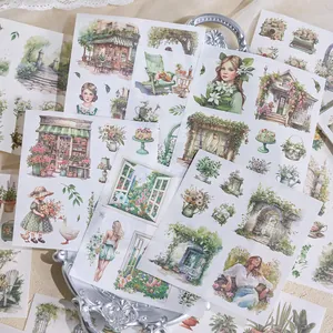 Watercolor scrapbooking stickers with vintage garden and girl illustrations