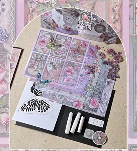 Vue détaillée du kit de livre 3D papillon DIY avec papiers floraux et tubes de colle
