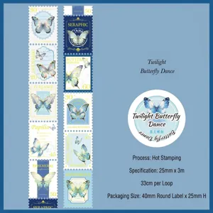 Vintage Washi Tape im Briefmarkenstil mit goldgeprägten Schmetterlingsmustern für Basteln