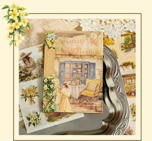 Detailed macro view of a vintage cottagecore sticker book featuring floral girl illustrations