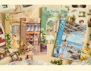 Close-up of vintage-style sticker books featuring aesthetic girl illustrations for journaling.
