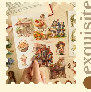 Detailed shot of vintage transparent stickers with cottagecore and food illustrations