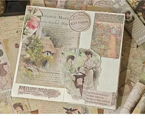 Detailed view of vintage scrapbooking paper with botanical and figure collage.