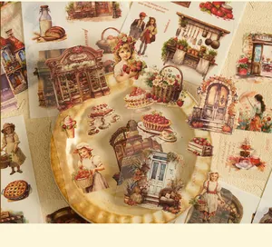Vintage die-cut sticker set featuring watercolor girls and cafe illustrations for DIY.