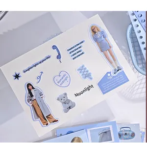 Close-up of aesthetic Korean style blue theme DIY journal stickers