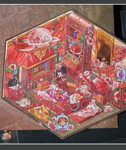 Détail d'un autocollant 3D de chambre gothique miniature avec des crânes décoratifs.