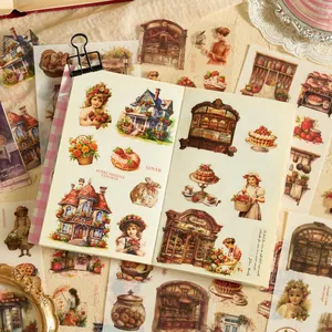 Vintage aesthetic stickers book for journaling with cute girls and bakery illustrations