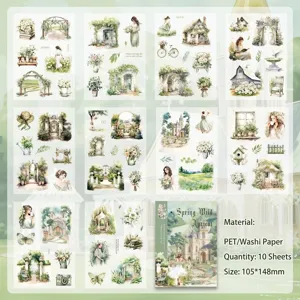Vintage European botanical garden sticker pack with 10 sheets of PET and washi paper
