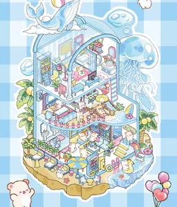 Detailed 3D micro house PET sticker featuring a cute beach resort with tiny characters