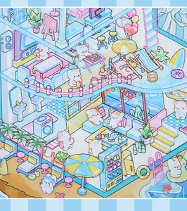 Close-up of kawaii PET scenery stickers showing a 3D miniature vacation house design