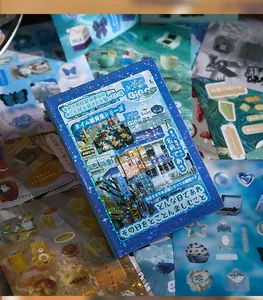 Close-up detail of retro aesthetic sticker book with holographic shimmer and Japanese text design