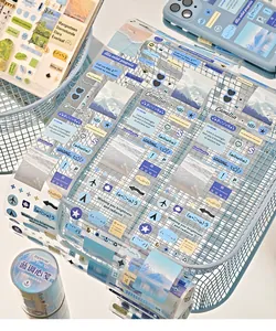 Blue aesthetics synthetic paper decorative tape roll for scrapbooking and DIY journaling