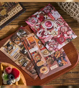 Close-up of retro collage sticker sheets with Japanese text and cafe-style patterns