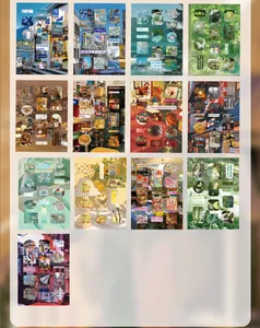 Retro Japanese sticker book pages display featuring miscellaneous aesthetic themes