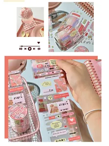Close-up of decorative pink washi tape with various cute sticker designs for journal DIY