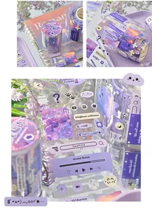 Macro view of purple aesthetic stickers featuring media player UI and floral designs