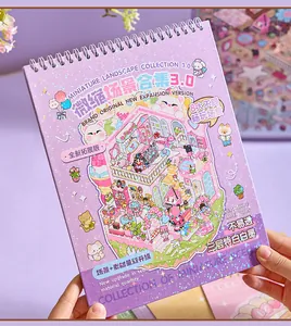 Close-up of a purple spiral-bound sticker book featuring a detailed 3D miniature room illustration