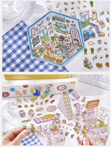 Primer plano de pegatinas de paisajes de dibujos animados DIY con fondo transparente y muebles