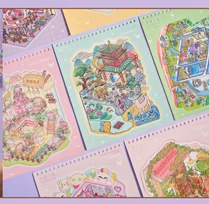 Macro view of multiple miniature landscape sticker book themes with cute illustrations