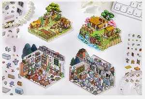 Vista microscópica de edificios en miniatura, pegatinas de paisajes de bricolaje.