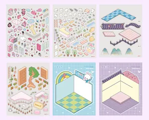 Detailed preview of 3D miniature landscape sticker book with cute isometric furniture and rooms