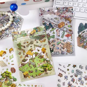 Juego de pegatinas de escena de habitación isométrica DIY con material PET y tarjetas de fondo